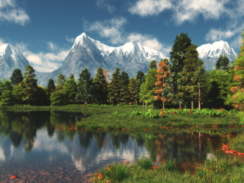 Snow-capped Mountains — Blue, Serene, Afternoon, Digital Art, Trees, Lake, Sky