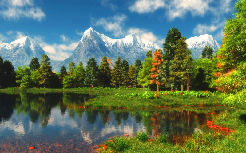 Snow-capped Mountains — Blue, Serene, Afternoon, Digital Art, Trees