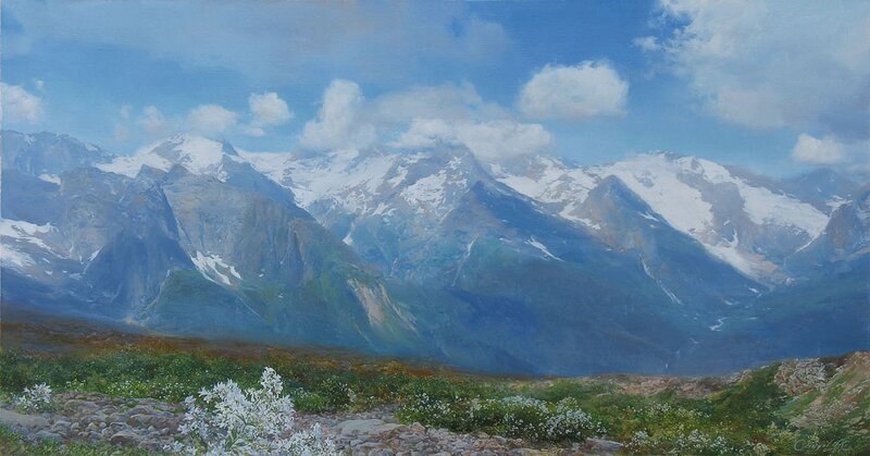 Snow-capped Mountains — Blue, Serene, Afternoon, Painting, Flowers