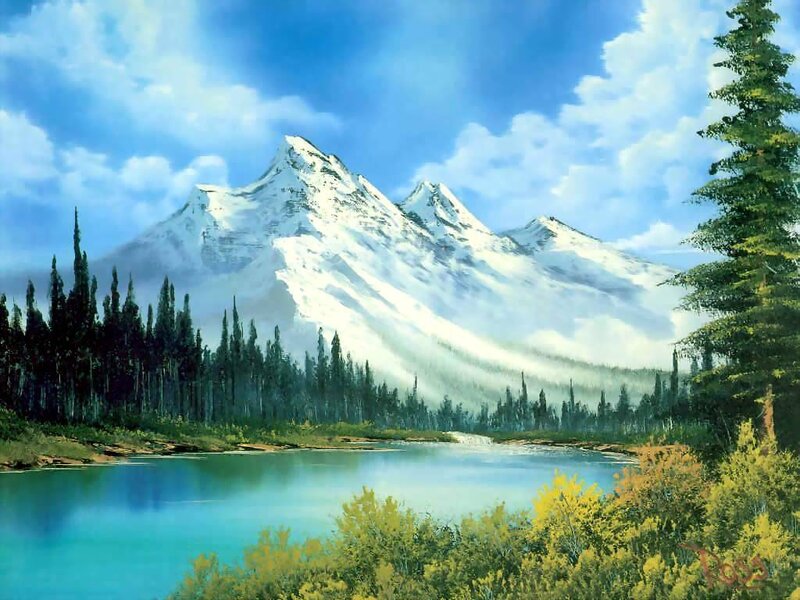 Snow-capped Mountains — Blue, Serene, Afternoon, Painting, Lake, Trees, Forest