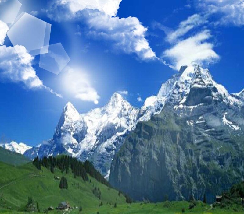 Snow-capped Mountains — Blue, Serene, Afternoon, Photograph, Clouds, Green Hills