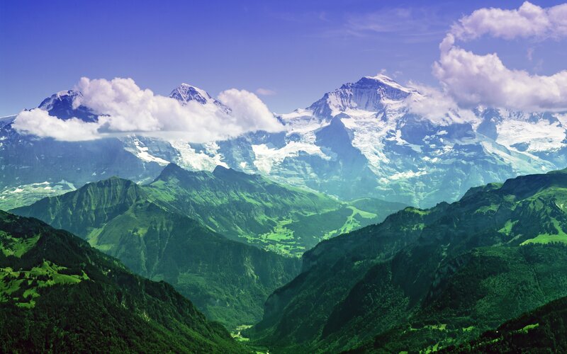 Snow-capped Mountains — Blue, Serene, Afternoon, Photograph, Clouds, Green Hills, Valley