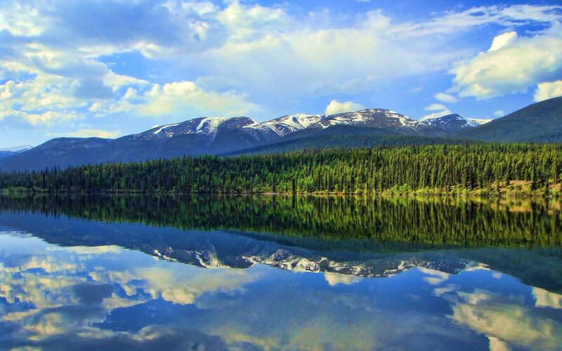Snow-capped Mountains — Blue, Serene, Afternoon, Photograph, Forest, Lake, Clouds