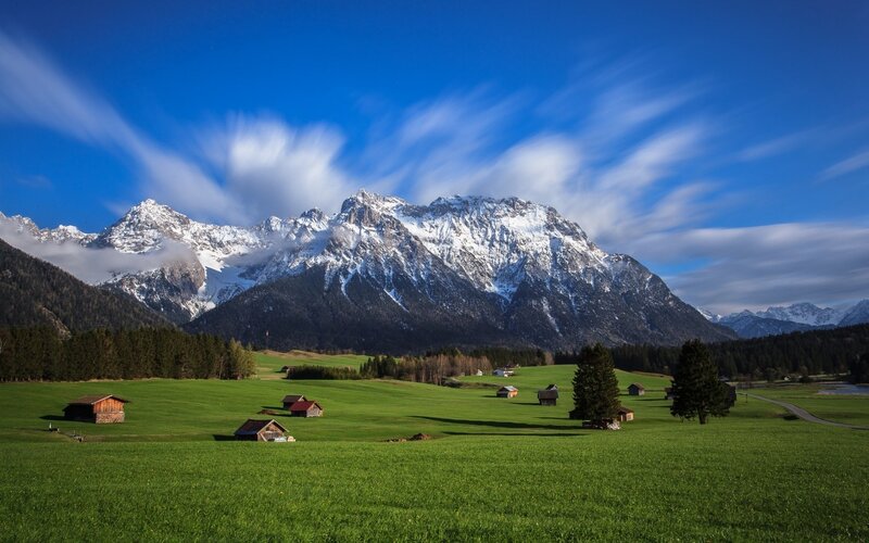 Snow-capped Mountains — Blue, Serene, Afternoon, Photograph, Green Fields