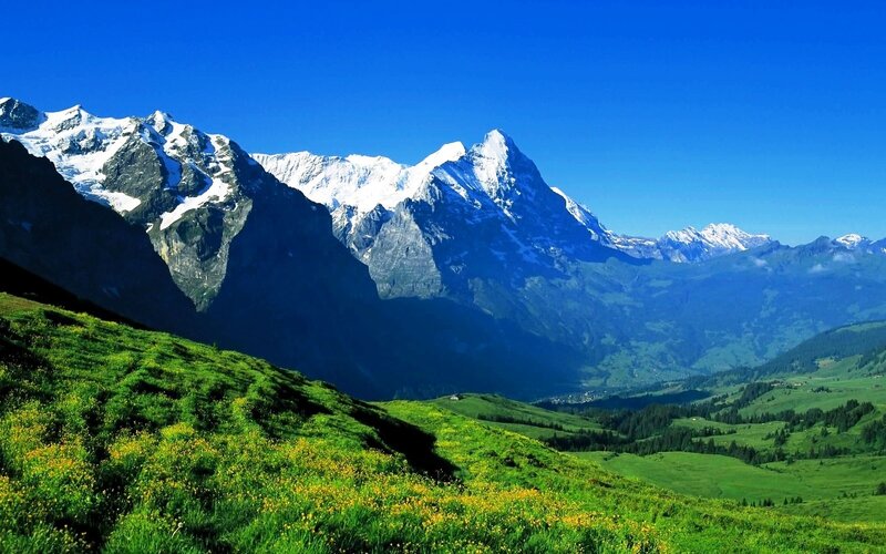 Snow-capped Mountains — Blue, Serene, Afternoon, Photograph, Green Hills