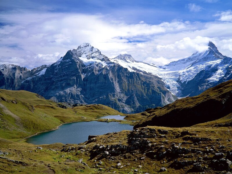Snow-capped Mountains — Blue, Serene, Afternoon, Photograph, Lake, Grass