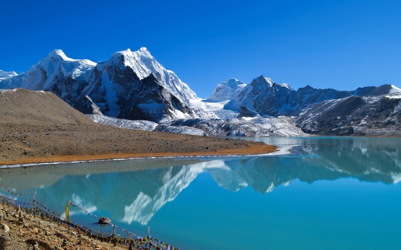 Snow-capped Mountains — Blue, Serene, Afternoon, Photograph, Lake, Prayer Flags