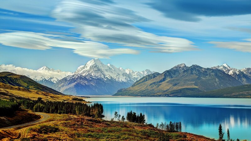 Snow-capped Mountains — Blue, Serene, Afternoon, Photograph, Lake, Road