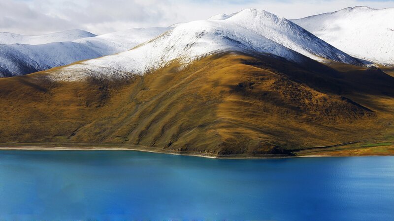 Snow-capped Mountains — Blue, Serene, Afternoon, Photograph, Lake, Sky, Brown