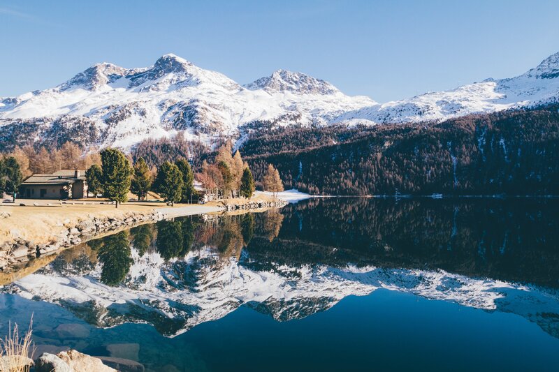 Snow-capped Mountains — Blue, Serene, Afternoon, Photograph, Lake, Trees, Building