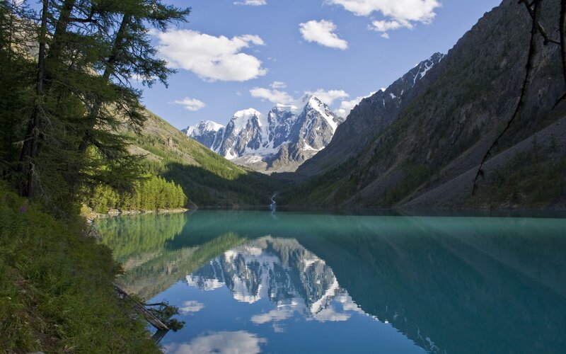 Snow-capped Mountains — Blue, Serene, Afternoon, Photograph, Lake, Trees, Clouds, Green