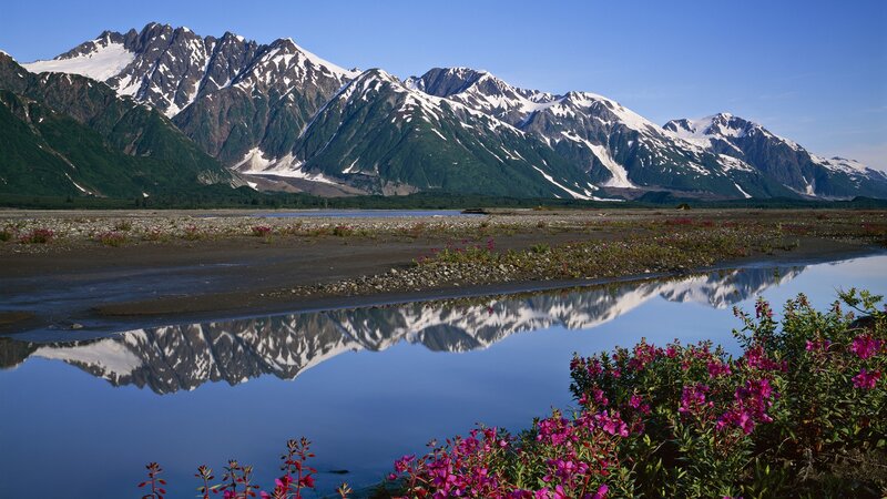Snow-capped Mountains — Blue, Serene, Afternoon, Photograph, River, Flowers