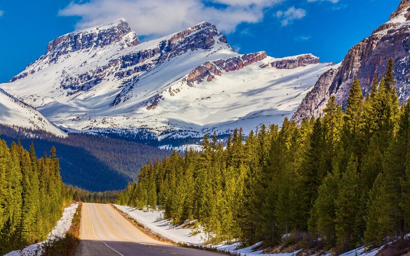 Snow-capped Mountains — Blue, Serene, Afternoon, Photograph, Road, Forest, Sky