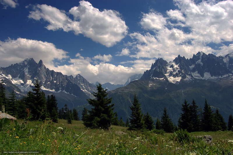 Snow-capped Mountains — Blue, Serene, Afternoon, Photograph, Trees, Clouds, Meadow, Green