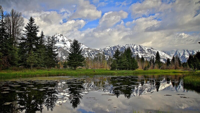 Snow-capped Mountains — Blue, Serene, Afternoon, Photograph, Trees, Lake, Clouds, Green