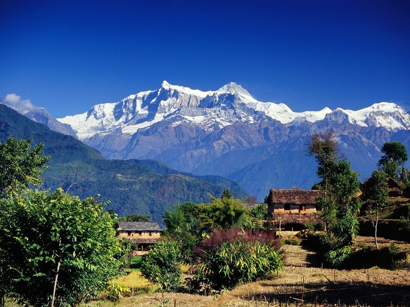 Snow-capped Mountains — Blue, Serene, Afternoon, Photograph, Village, Huts, Trees