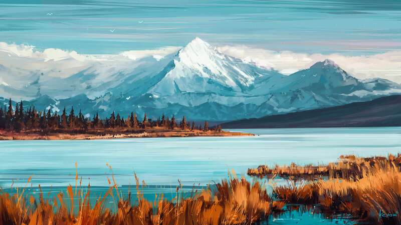 Snow-capped Mountains — Blue, Serene, Autumn, Digital Art
