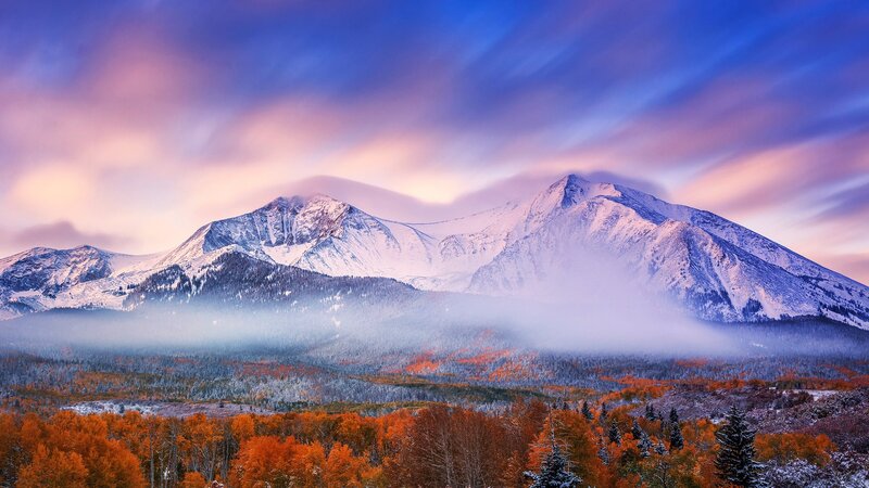Snow-capped Mountains — Blue, Serene, Autumn, Photograph, Forest, Fog, Clouds