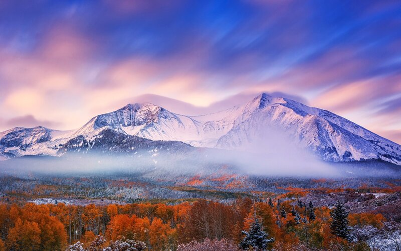 Snow-capped Mountains — Blue, Serene, Autumn, Photograph, Forest, Fog
