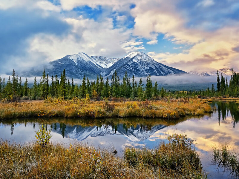 Snow-capped Mountains — Blue, Serene, Autumn, Photograph, Forest