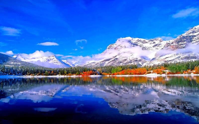 Snow-capped Mountains — Blue, Serene, Autumn, Photograph, Lake, Forest, Clouds