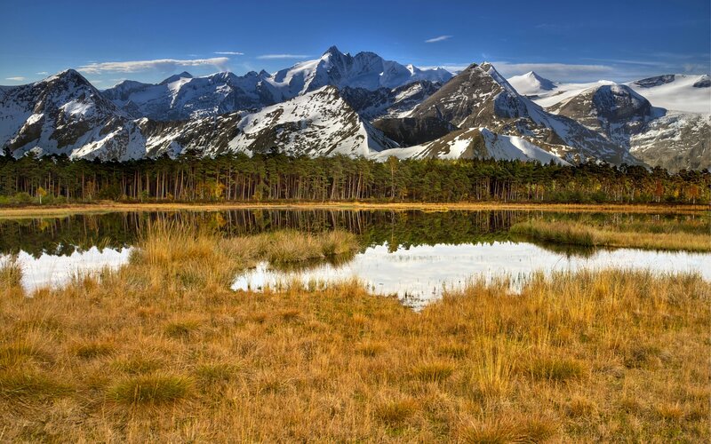 Snow-capped Mountains — Blue, Serene, Autumn, Photograph, Lake, Forest, Grass