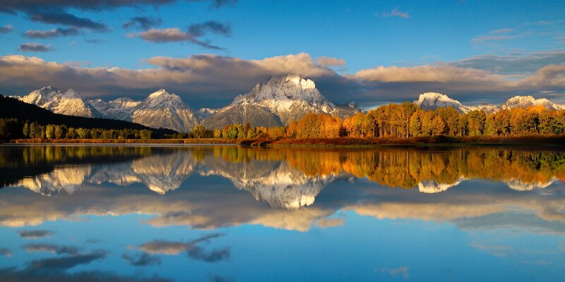 Snow-capped Mountains — Blue, Serene, Autumn, Photograph, Lake, Trees, Clouds