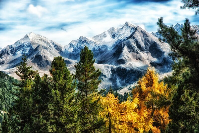 Snow-capped Mountains — Blue, Serene, Autumn, Photograph, Pine Trees