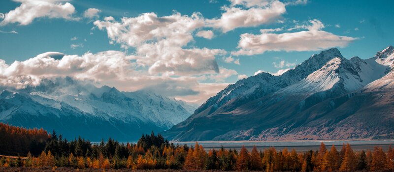 Snow-capped Mountains — Blue, Serene, Autumn, Photograph, Trees, Clouds, Lake