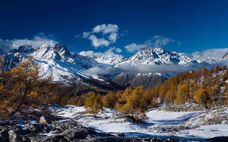 Snow-capped Mountains — Blue, Serene, Autumn, Photograph, Trees, Clouds