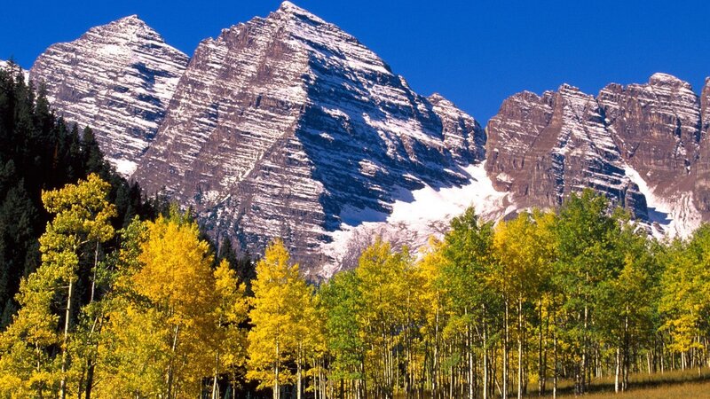 Snow-capped Mountains — Blue, Serene, Autumn, Photograph, Trees, Forest, Sky, Yellow