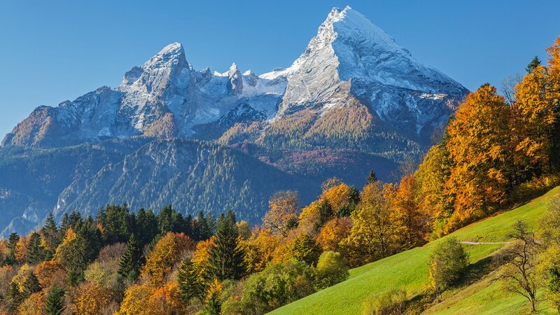 Snow-capped Mountains — Blue, Serene, Autumn, Photograph, Trees, Hills