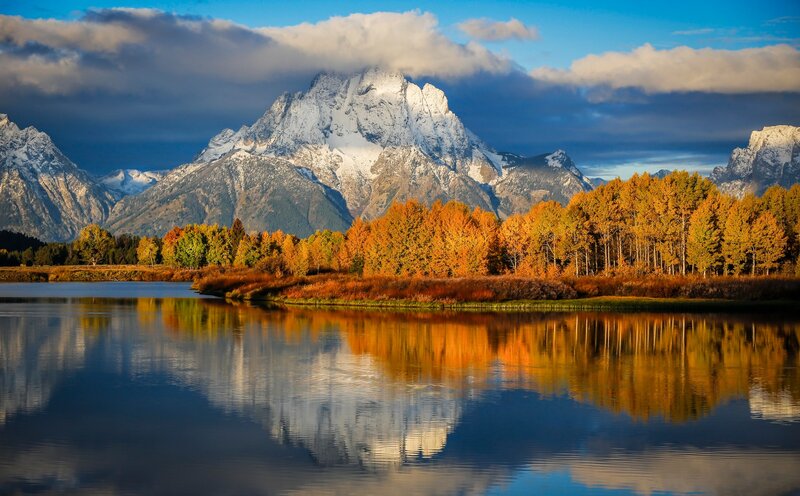 Snow-capped Mountains — Blue, Serene, Autumn, Photograph, Trees, Lake, Clouds