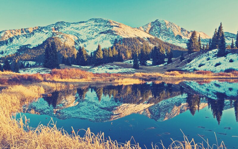 Snow-capped Mountains — Blue, Serene, Autumn, Photograph, Trees, Lake, Grass
