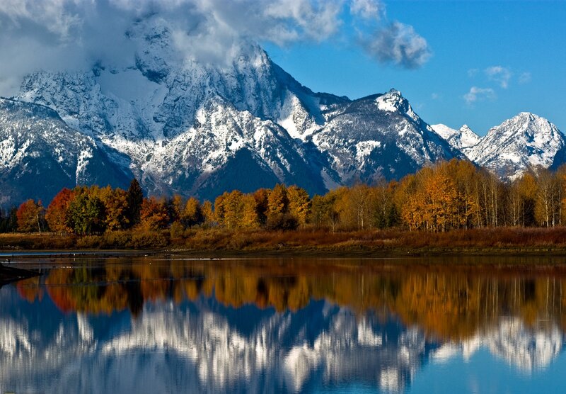 Snow-capped Mountains — Blue, Serene, Autumn, Photograph, Trees, Lake