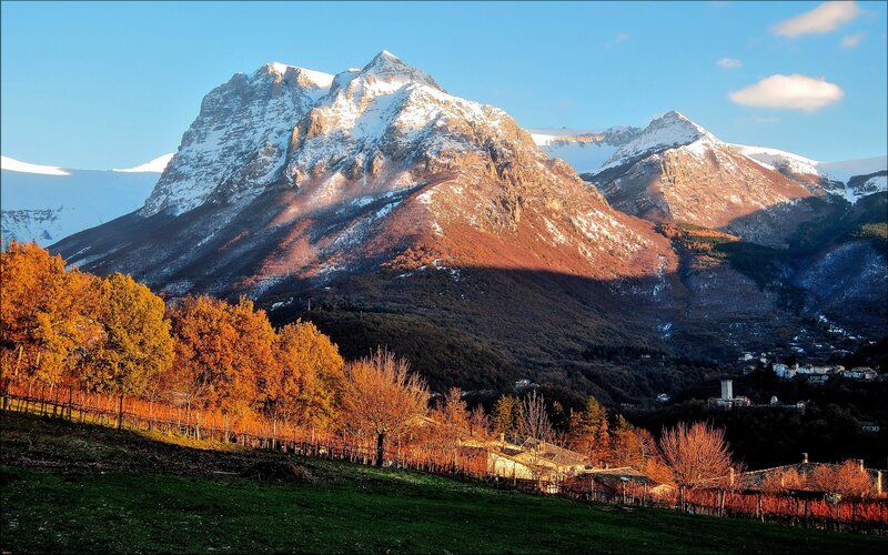 Snow-capped Mountains — Blue, Serene, Autumn, Photograph, Trees, Village
