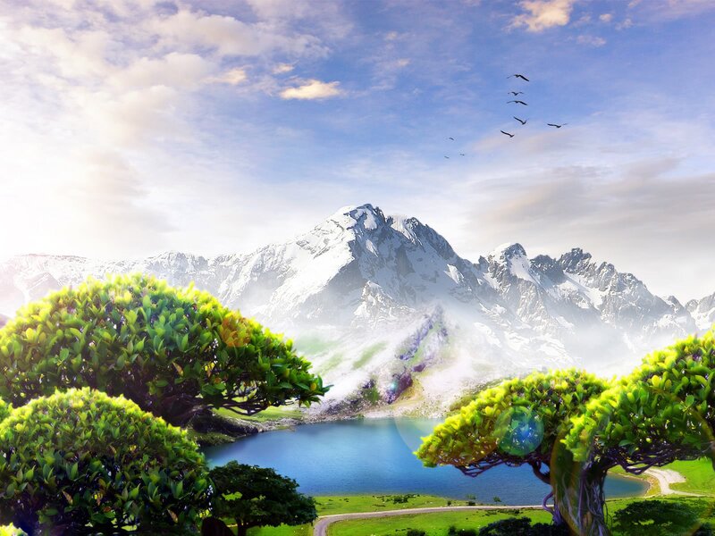 Snow-capped Mountains — Blue, Serene, Morning, Digital Art, Lake, Trees, Birds