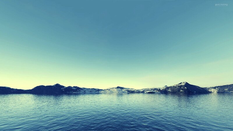 Snow-capped Mountains — Blue, Serene, Morning, Digital Art, Water, Sky