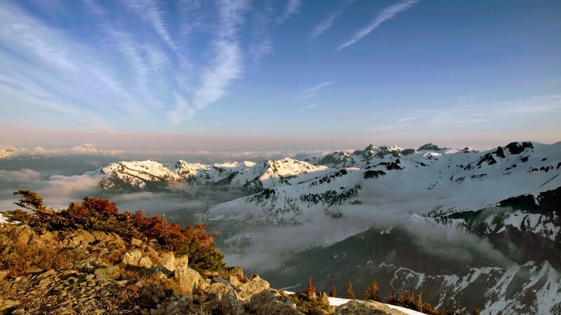 Snow-capped Mountains — Blue, Serene, Morning, Photograph, Clouds, Rocks, Trees, White, Brown
