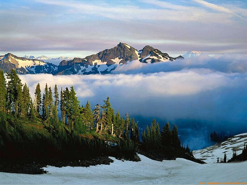 Snow-capped Mountains — Blue, Serene, Morning, Photograph, Clouds, Trees