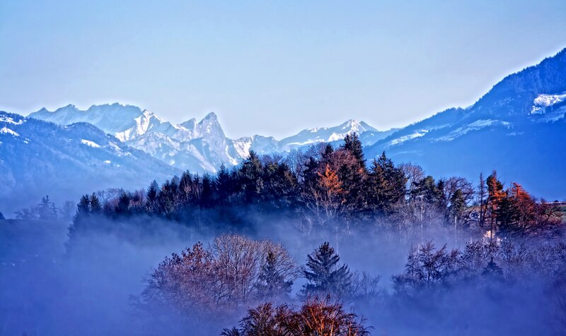 Snow-capped Mountains — Blue, Serene, Morning, Photograph, Fog, Trees