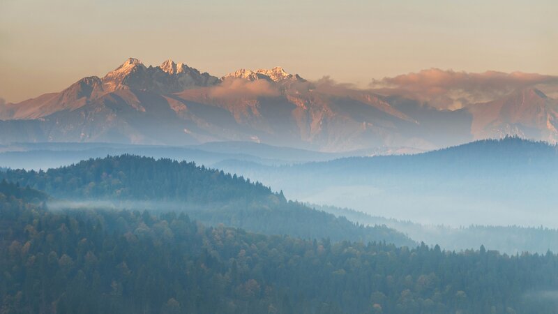 Snow-capped Mountains — Blue, Serene, Morning, Photograph, Forests, Fog, Clouds