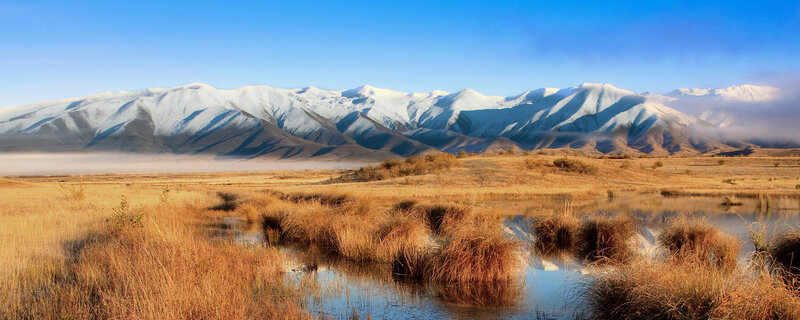 Snow-capped Mountains — Blue, Serene, Morning, Photograph, Grassland, Pond