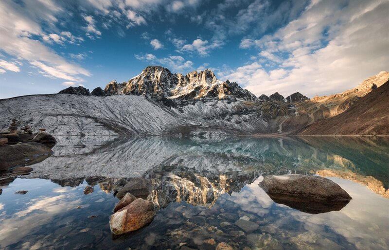 Snow-capped Mountains — Blue, Serene, Morning, Photograph, Lake, Clouds, Rocks