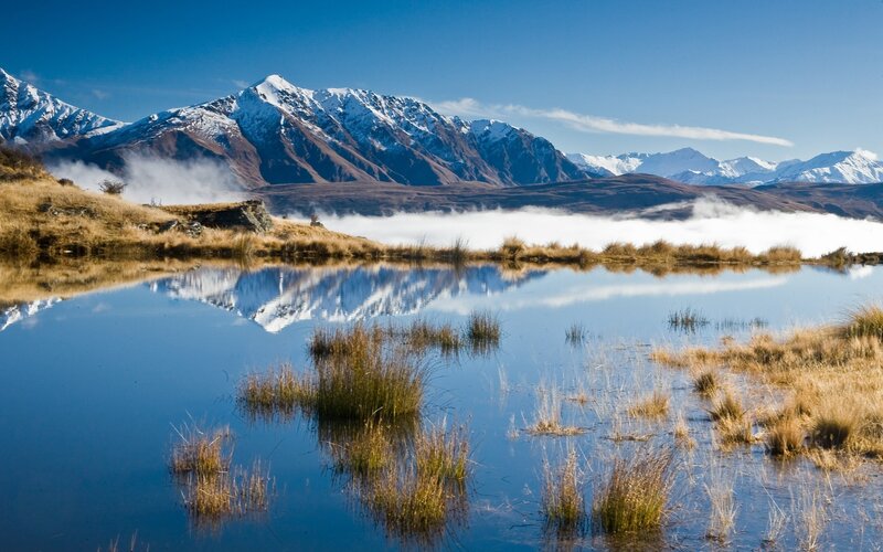 Snow-capped Mountains — Blue, Serene, Morning, Photograph, Lake, Clouds