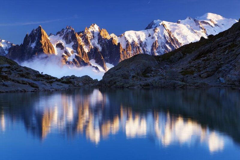 Snow-capped Mountains — Blue, Serene, Morning, Photograph, Lake, Clouds, White, Gray