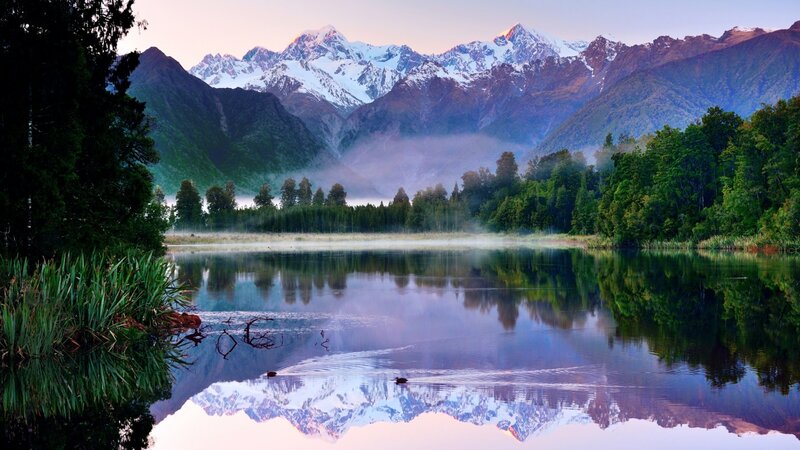 Snow-capped Mountains — Blue, Serene, Morning, Photograph, Lake, Forest, Mist