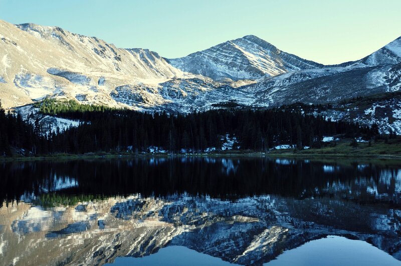 Snow-capped Mountains — Blue, Serene, Morning, Photograph, Lake, Forest, Reflection