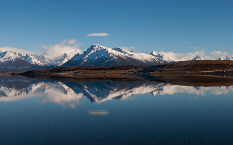 Snow-capped Mountains — Blue, Serene, Morning, Photograph, Lake, Reflection, Clouds