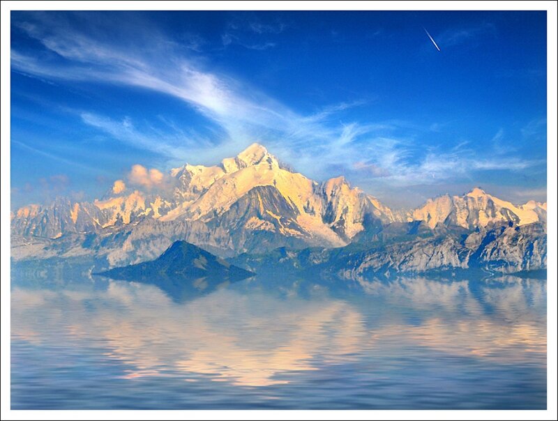 Snow-capped Mountains — Blue, Serene, Morning, Photograph, Lake, Sky, Clouds